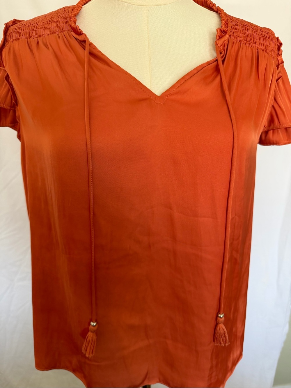 Rachel Zoe Rust Short Sleeve V-Neck Tassel Blouse - Picture 2 of 4